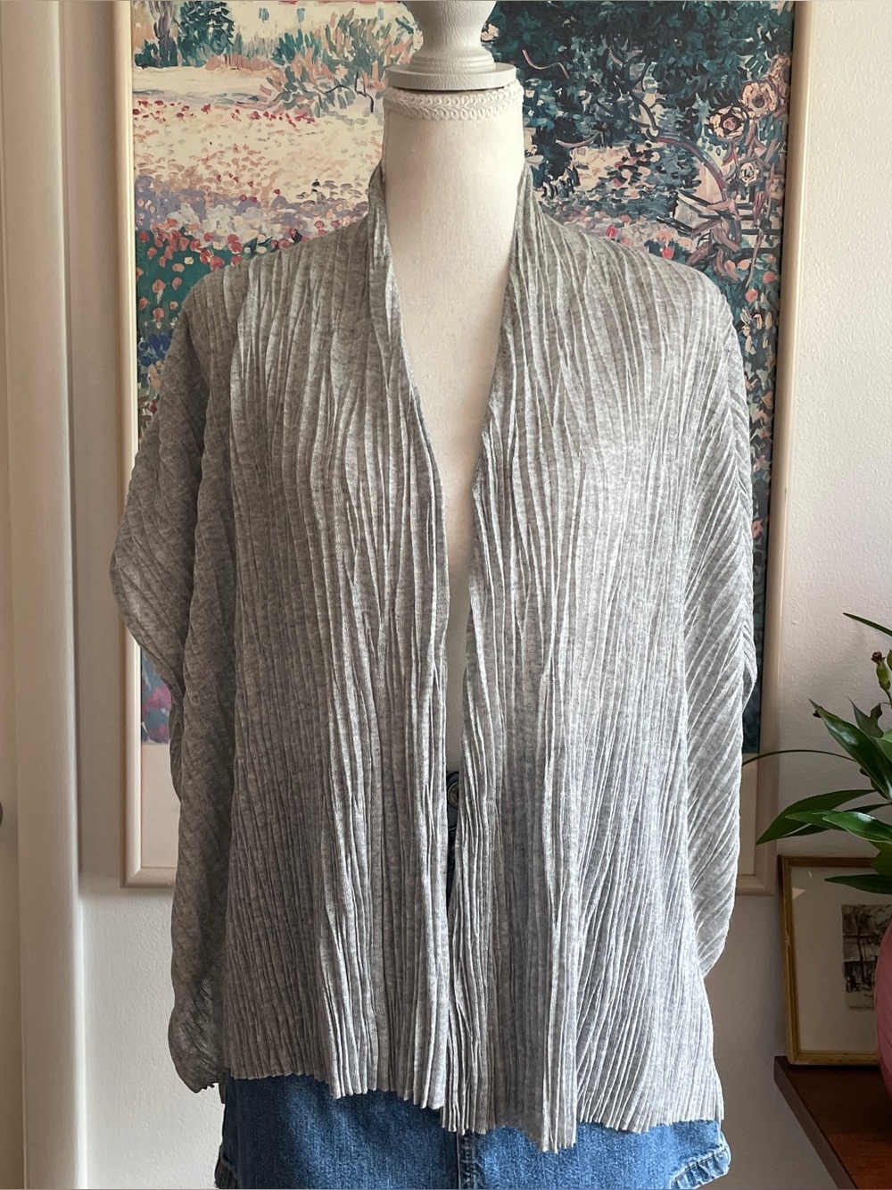 Eileen Fisher Light Gray Pleated Open Cardigan